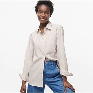 J Crew 8 Medium Classic Seersucker Button Front Shirt White Khaki AY685 $79